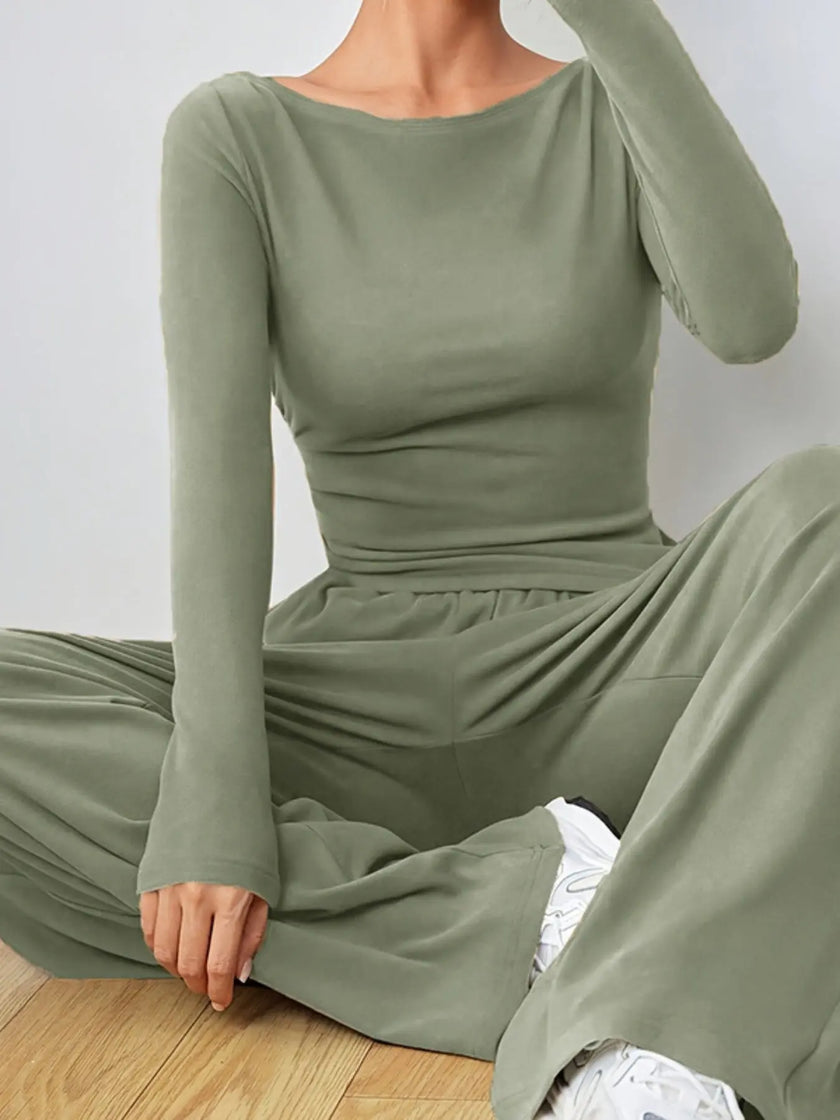 Casual Long Sleeve Top & Wide Leg Pants Set  Style Ratio