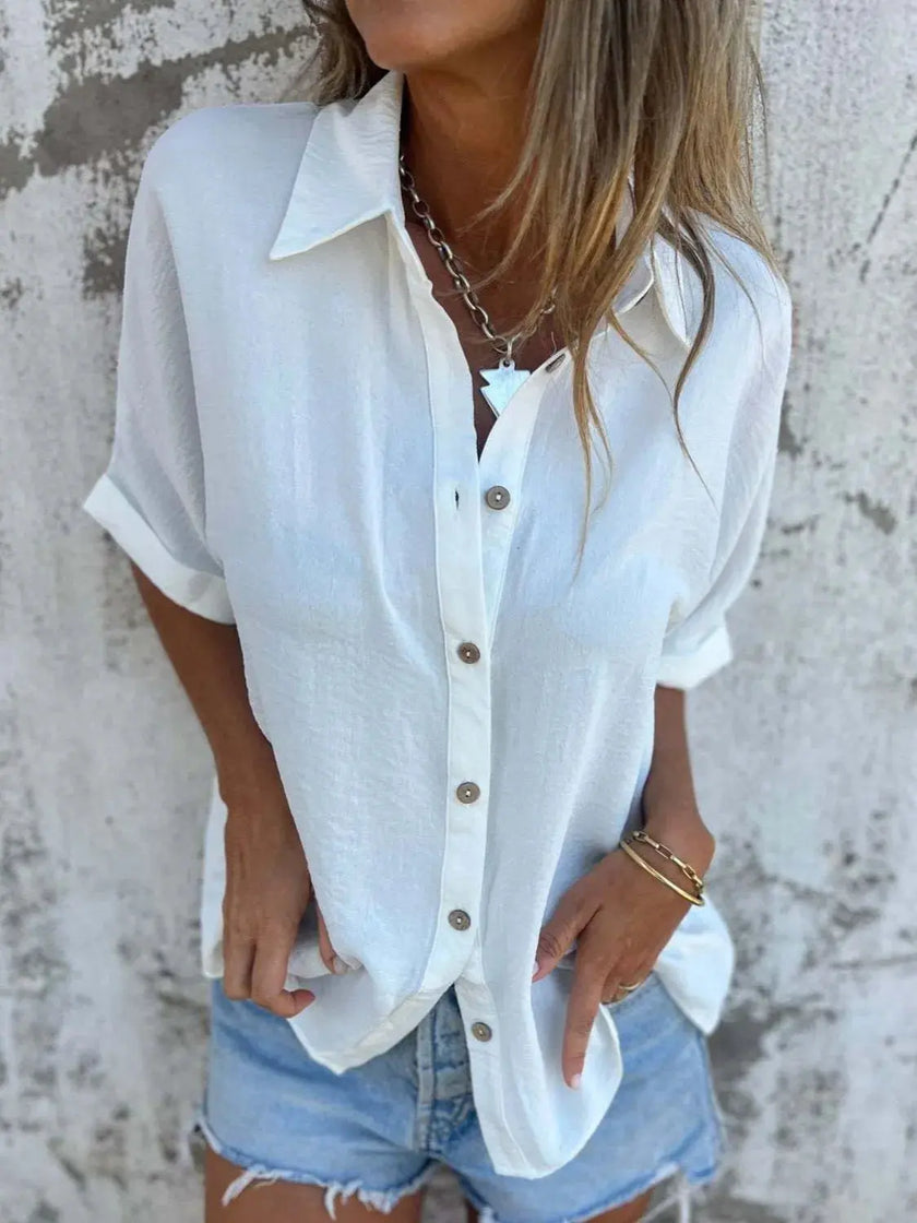 Full Size Collared Neck Half Sleeve Shirt  Style Ratio