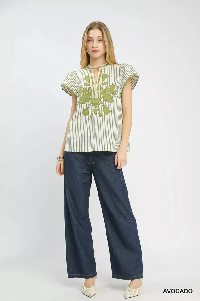 Umgee V-Neck Stripe Top with Lace Trim  Style Ratio