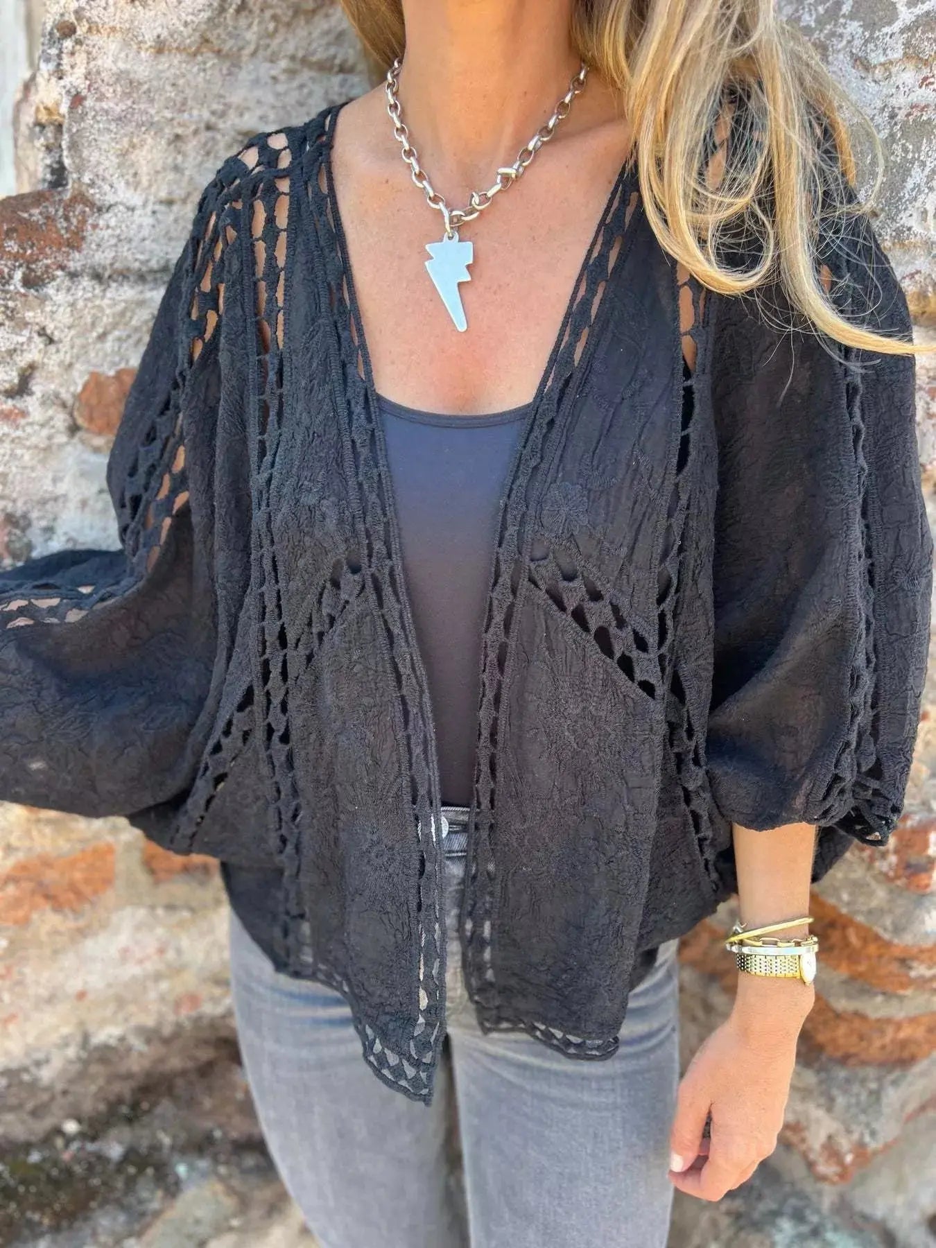 Full Size Embroidered Open Front Cardigan Plus Size  Style Ratio