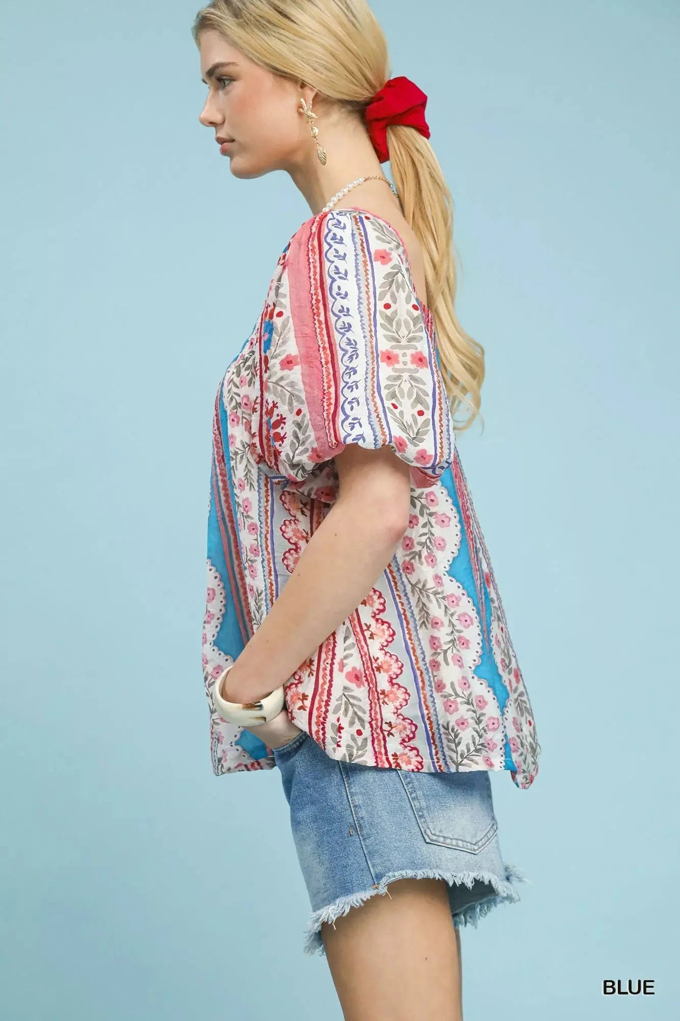 Umgee Patchwork Puff Sleeve Smocked Blouse  Style Ratio