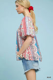 Umgee Patchwork Puff Sleeve Smocked Blouse  Style Ratio