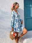 Full Size Floral Print V-Neck Long Sleeve Ruffle Hem Mini Dress  Style Ratio