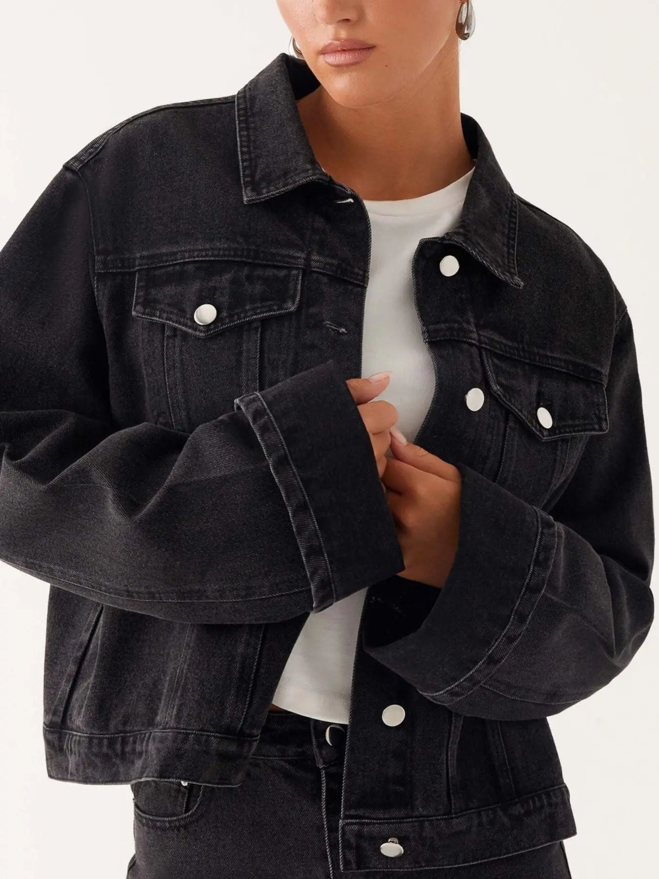 Button Down Cropped Oversized Denim Jacket  Style Ratio