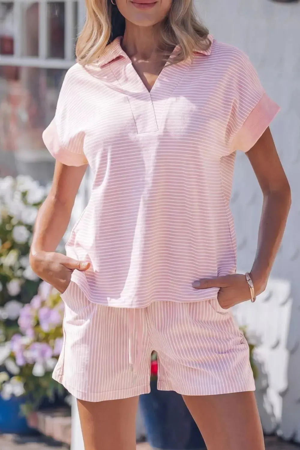 Stripe Dolman Sleeve Polo Shirt and Drawstring Shorts Set  Style Ratio