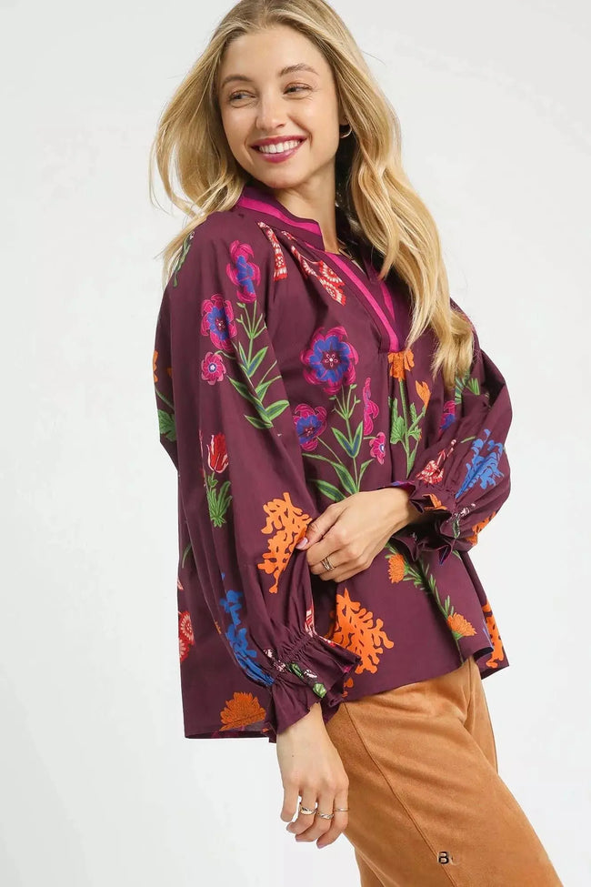 Umgee Floral Print Flounce Sleeve Blouse  Style Ratio