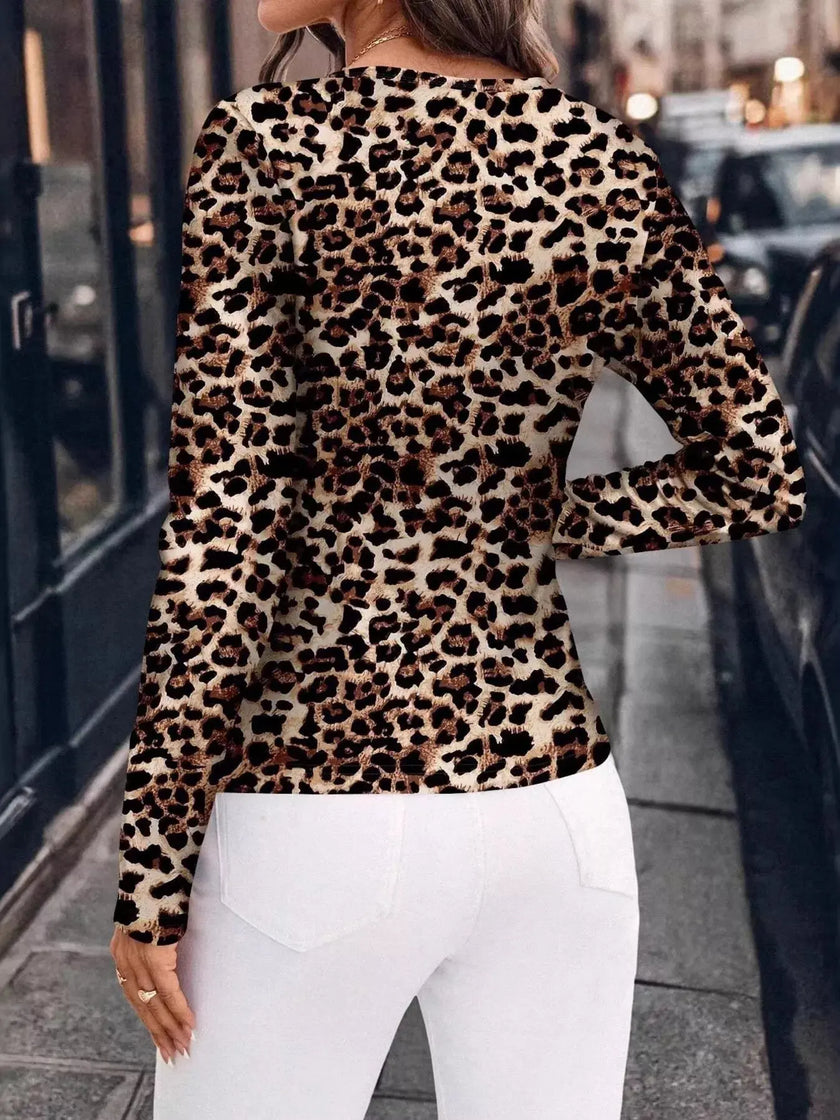 Leopard Print Long Sleeve Fitted Blouse  Style Ratio