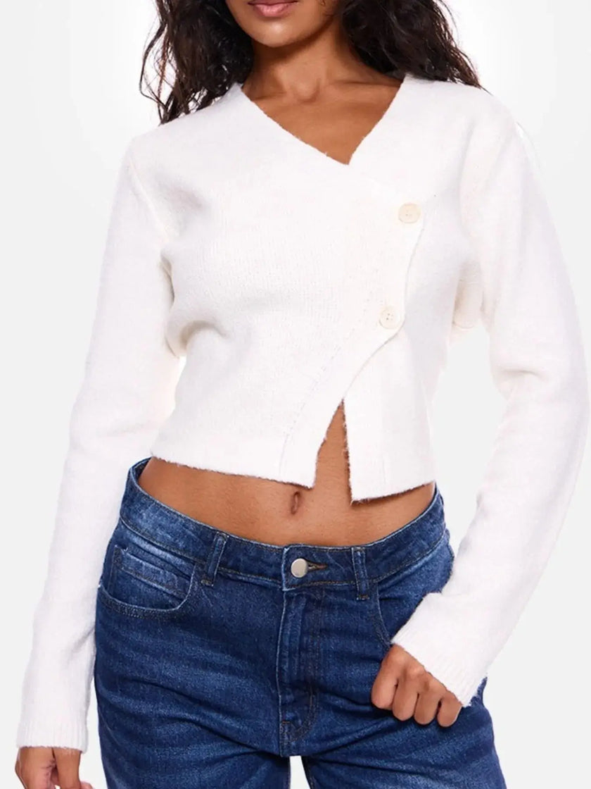 Cropped V Neck Button Up Cardigan  Style Ratio