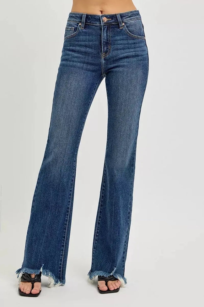 RISEN Full Size Mid Rise Flare Frayed Hem Jeans  Style Ratio