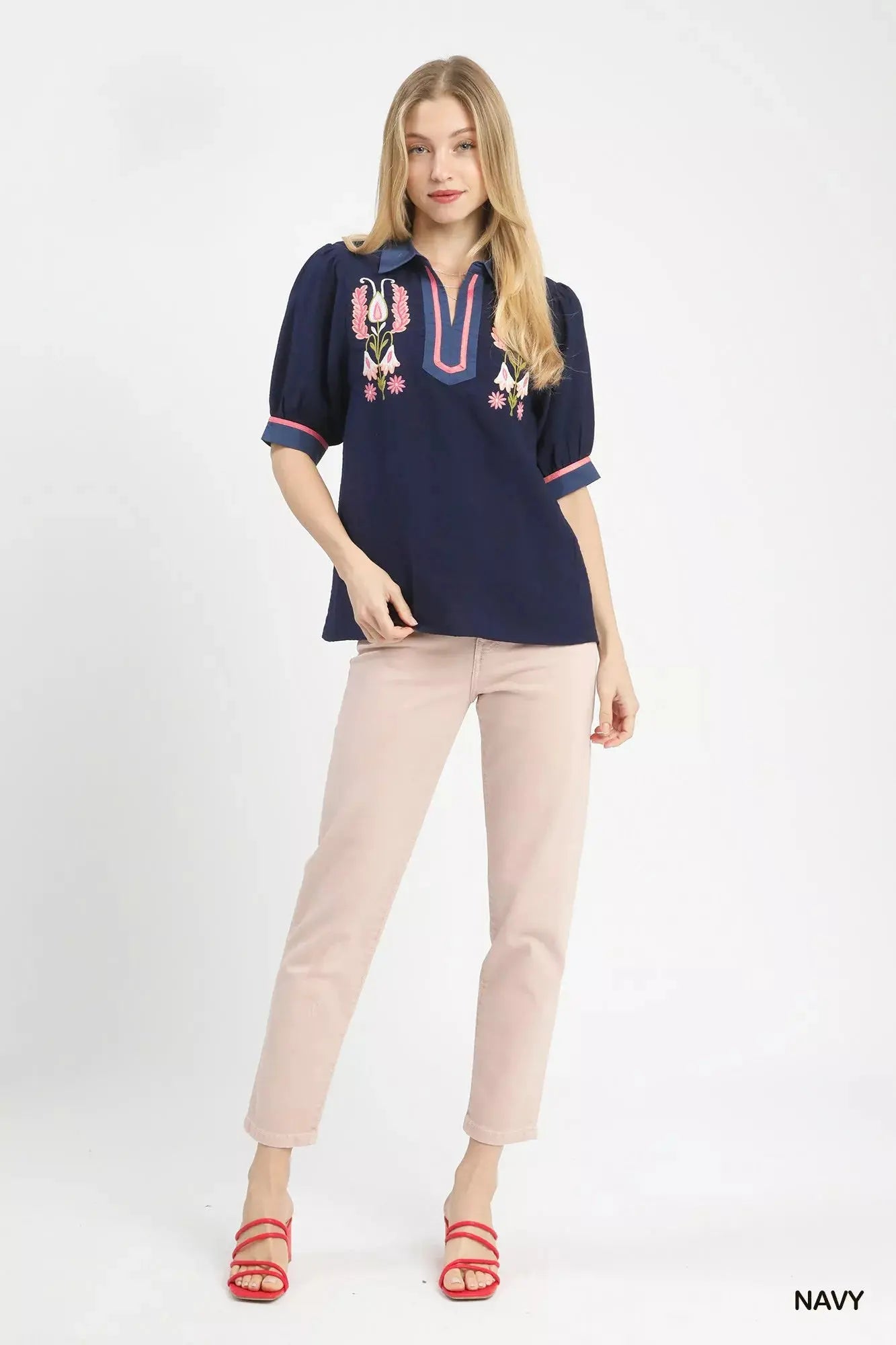 Umgee Embroidered Puff Sleeve Contrast Trim Top  Style Ratio