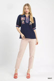 Umgee Embroidered Puff Sleeve Contrast Trim Top  Style Ratio