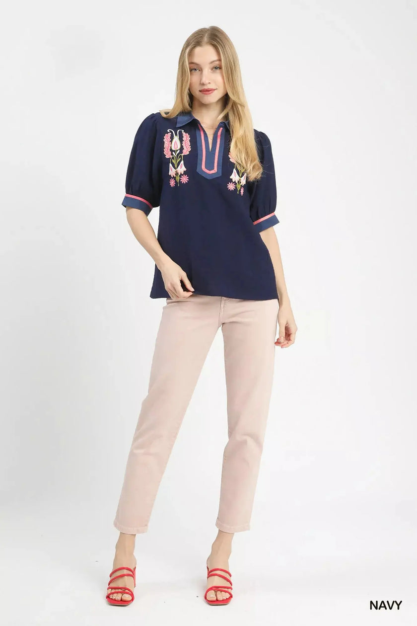Umgee Embroidered Puff Sleeve Contrast Trim Top  Style Ratio