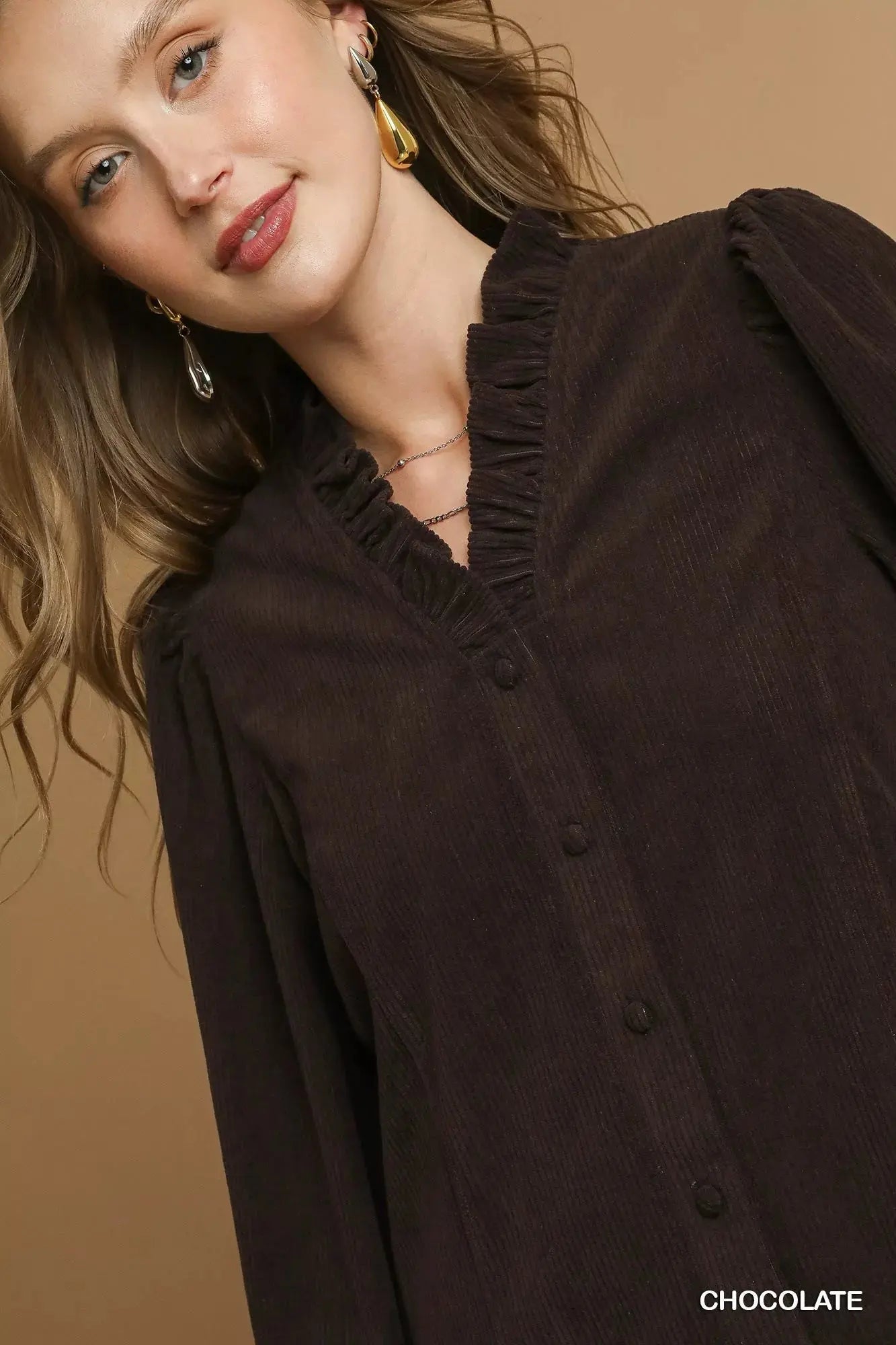 Umgee Corduroy Ruffle Shirt with Long Puff Sleeves  Style Ratio