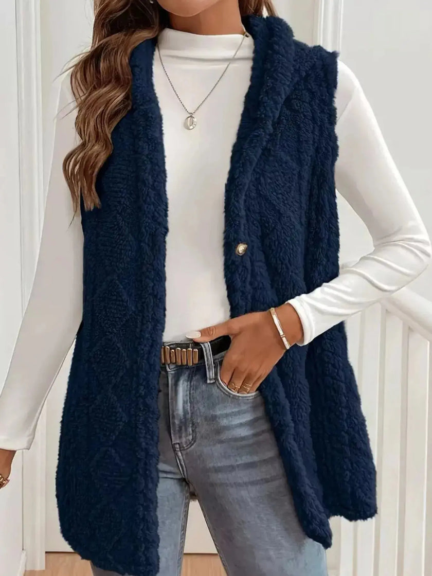 Button-Down Sherpa Hooded Vest Coat  Style Ratio