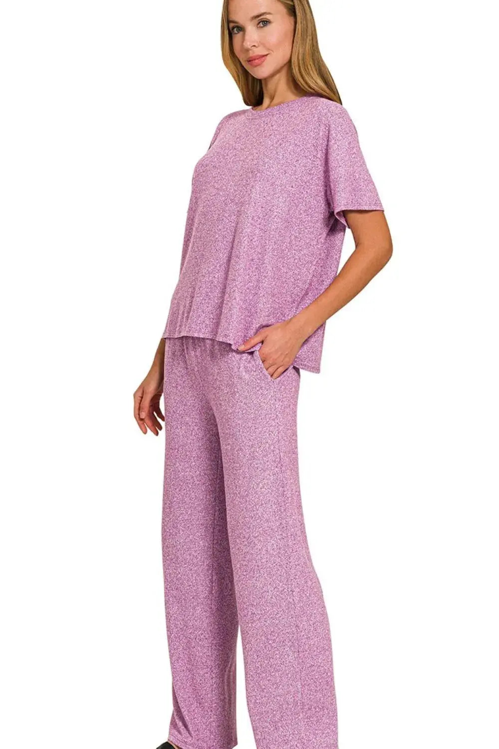 Zenana Soft Melange Short Sleeve & Long Pants Loungewear  Style Ratio