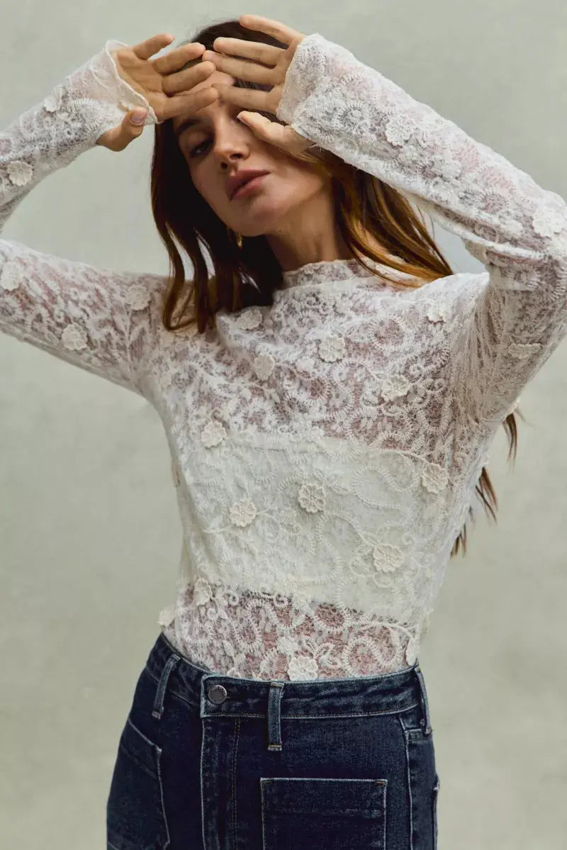 SO ME Lace 3d Effect Floral Layering Long Sleeve Top  Style Ratio