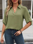 Johnny Collar Roll-Up Sleeve Blouse  Style Ratio