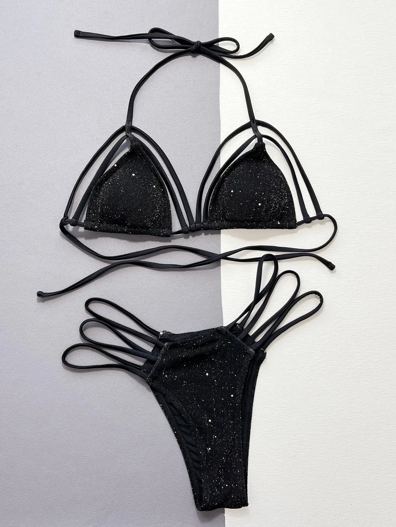 Glitter Halter Neck Strappy Two-Piece Bikini  Style Ratio