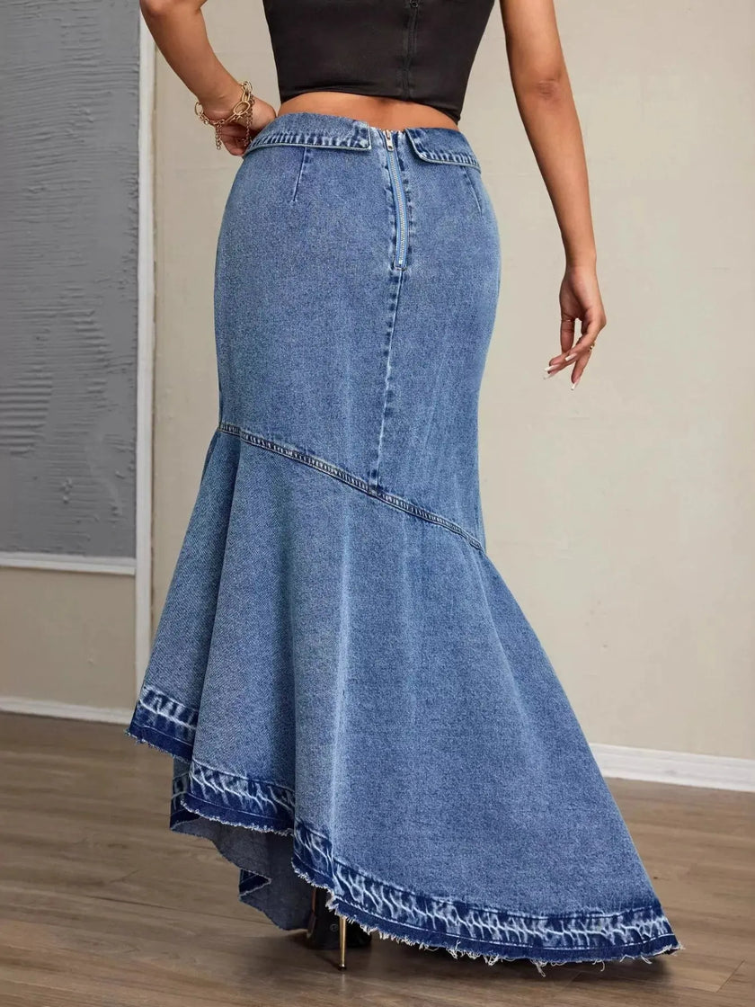 High-Waist Asymmetrical Slit Denim Maxi Mermaid Skirt  Style Ratio