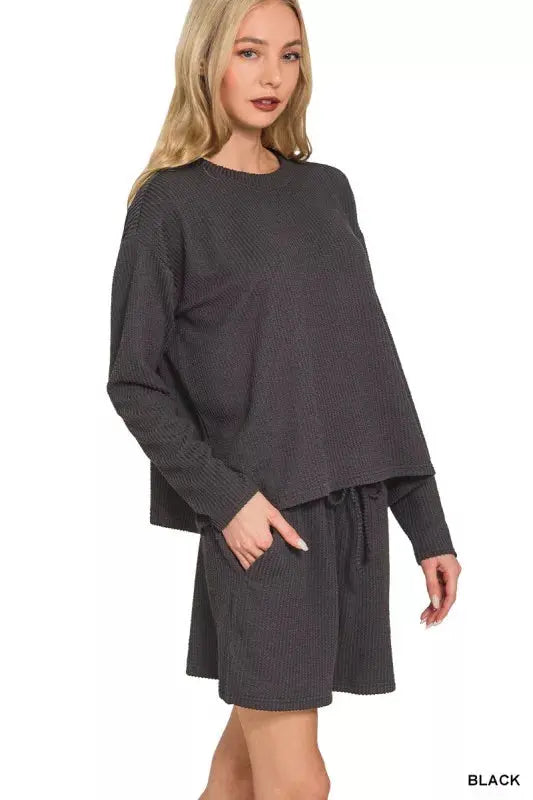 Zenana Corded Rib Long Sleeve Tee and Shorts Loungewear  Style Ratio