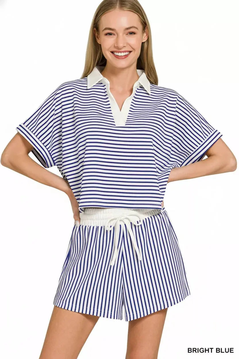 Zenana Striped Collared Top & Shorts Set  Style Ratio