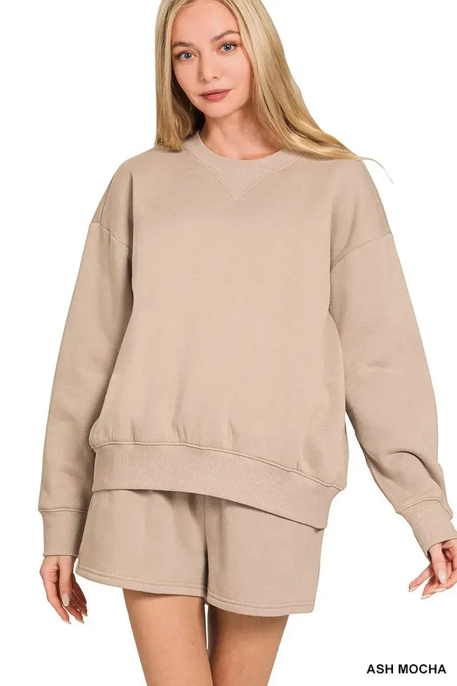 Zenana Fleece Long Sleeve Sweatshirts & Shorts Set  Style Ratio