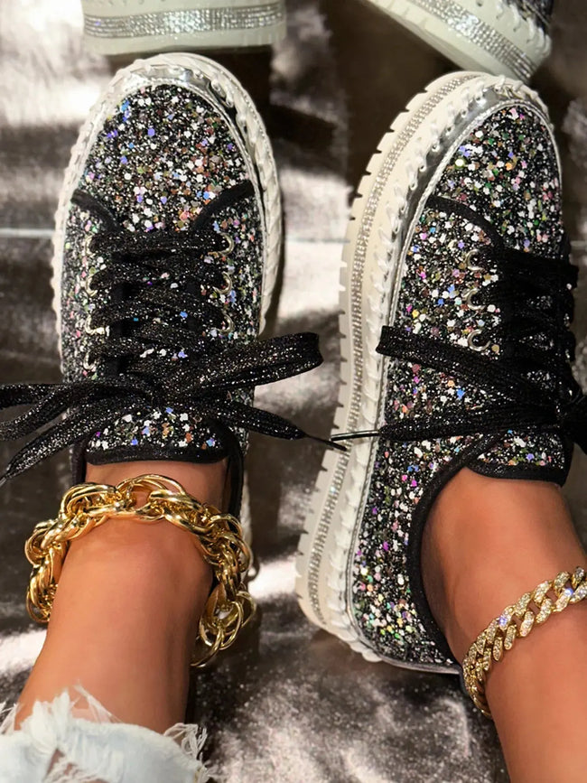 Lace Up Sequin Round Toe Platform Sneakers  Style Ratio