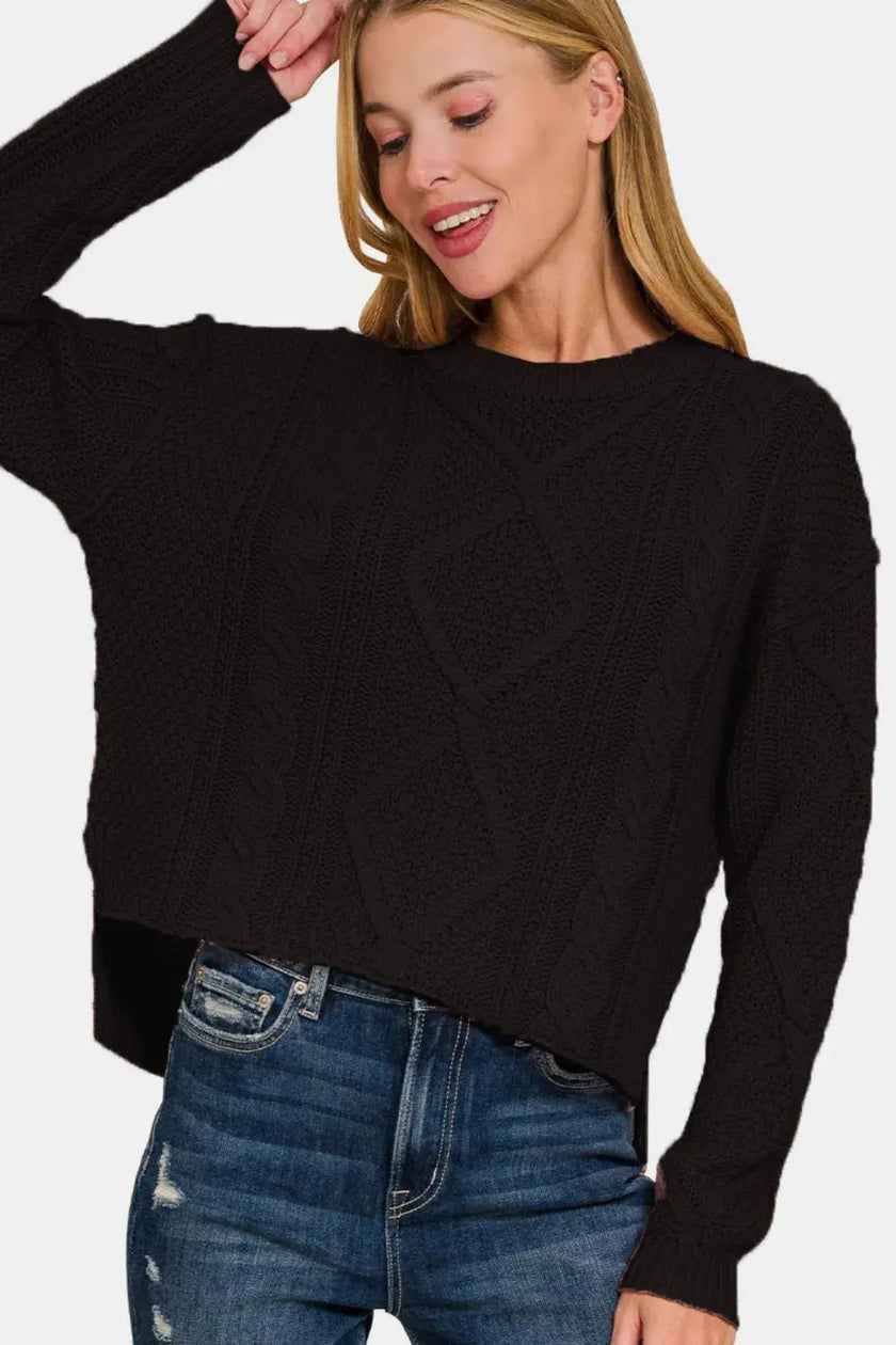 Zenana Cropped High Low Cable Sweater with Side Slits  Style Ratio