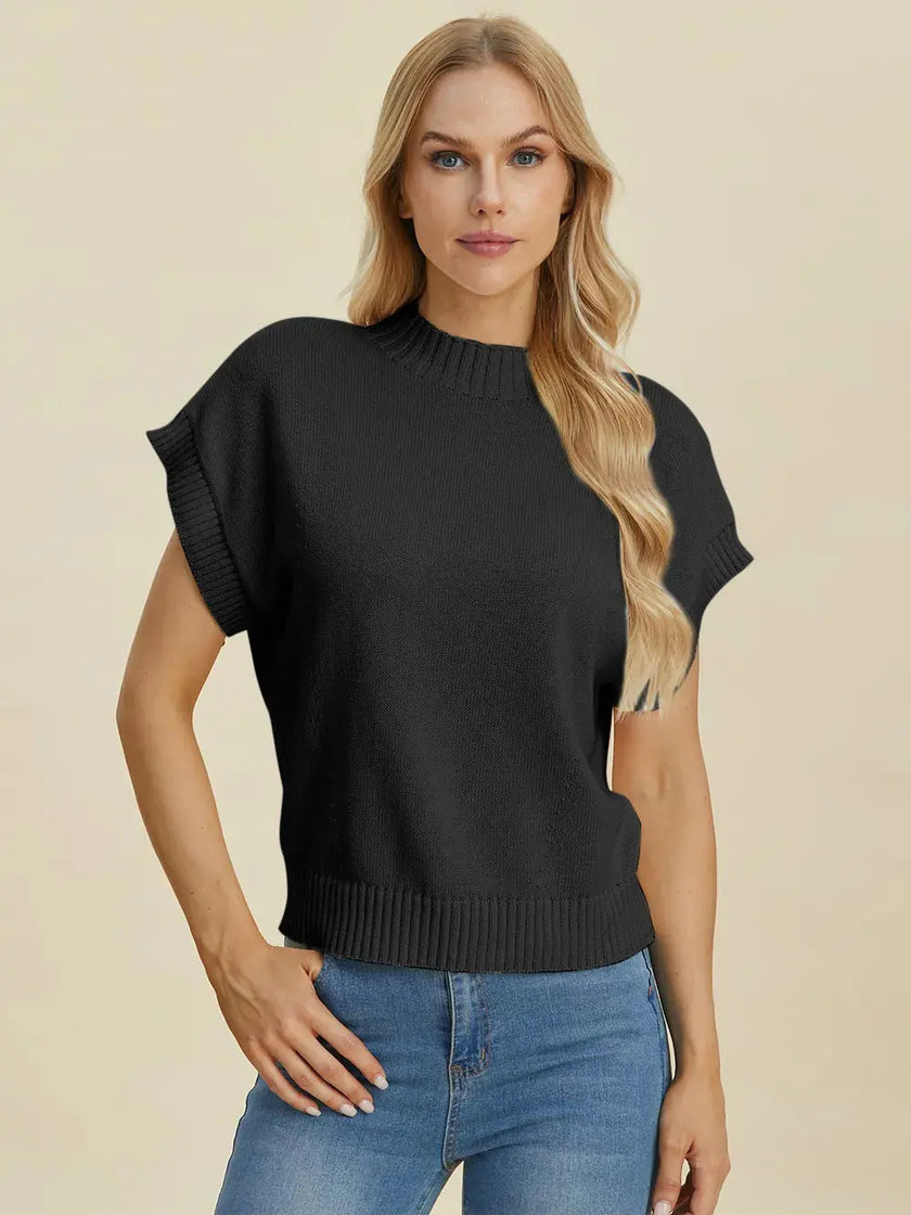 Double Take Full Size Mock Neck Short Sleeve Sweater  Style Ratio