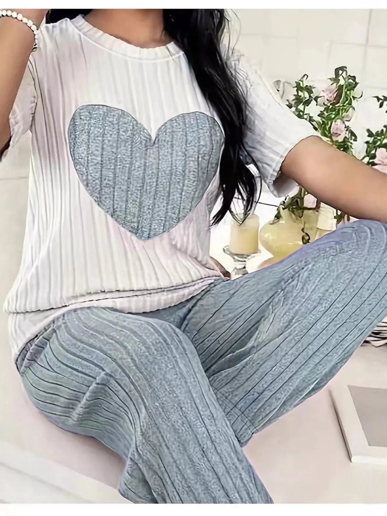Heart Ribbed Knit Top and Pants Lounge Set  Style Ratio