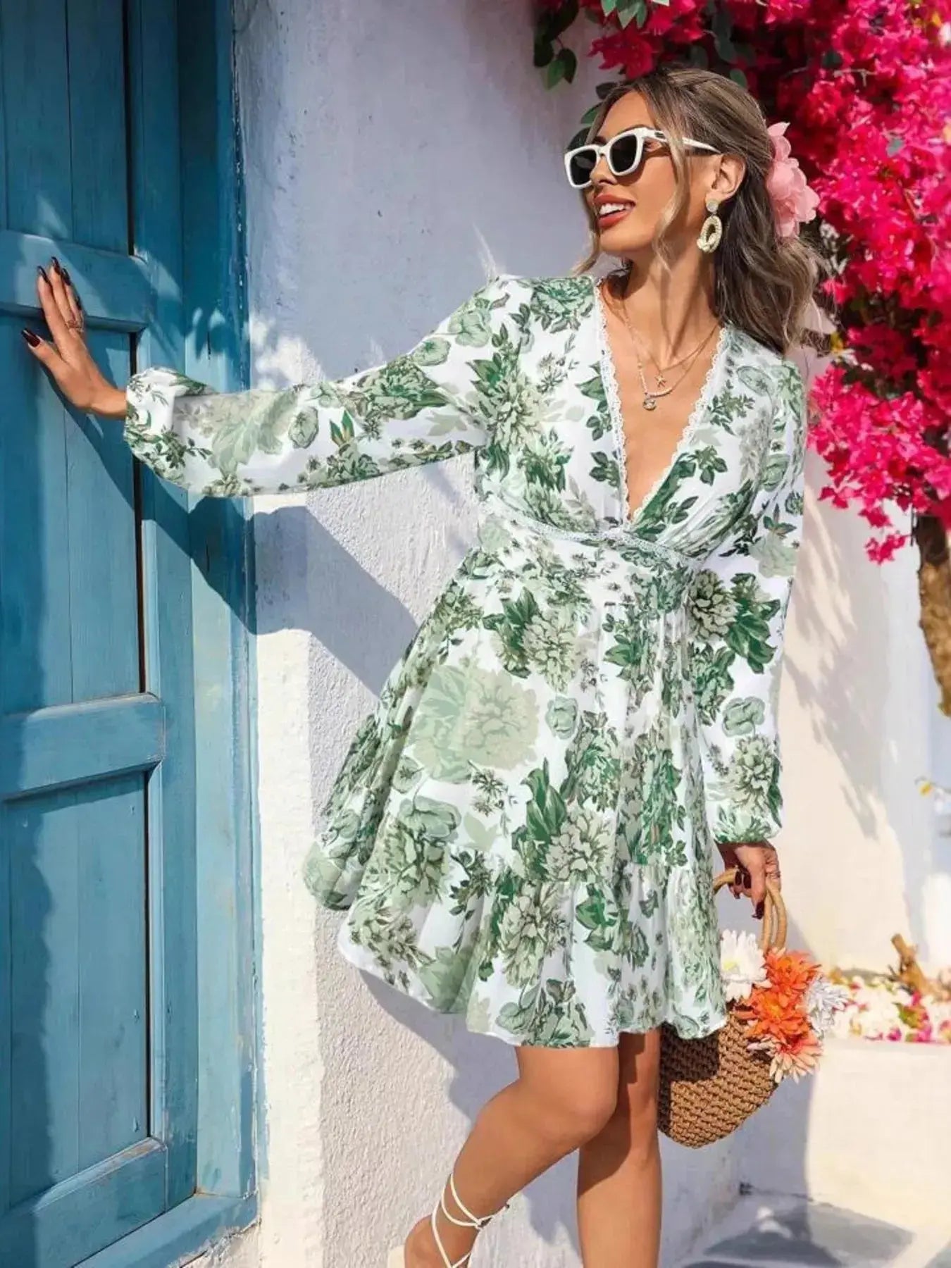 Full Size Floral Print V-Neck Long Sleeve Ruffle Hem Mini Dress  Style Ratio