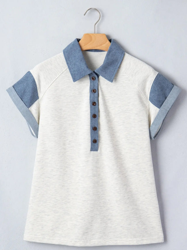 Contrast Trim Button Detail Short Sleeve Shirt  Style Ratio