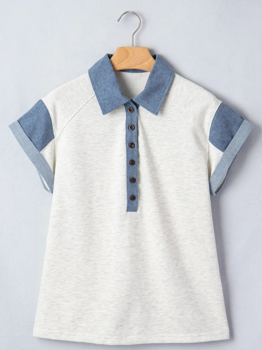 Contrast Trim Button Detail Short Sleeve Shirt  Style Ratio