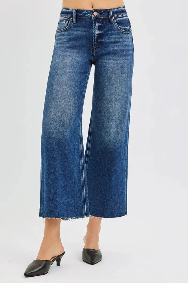 RISEN Full Size Mid Rise Crop Wide Raw Cut Hem Jeans  Style Ratio
