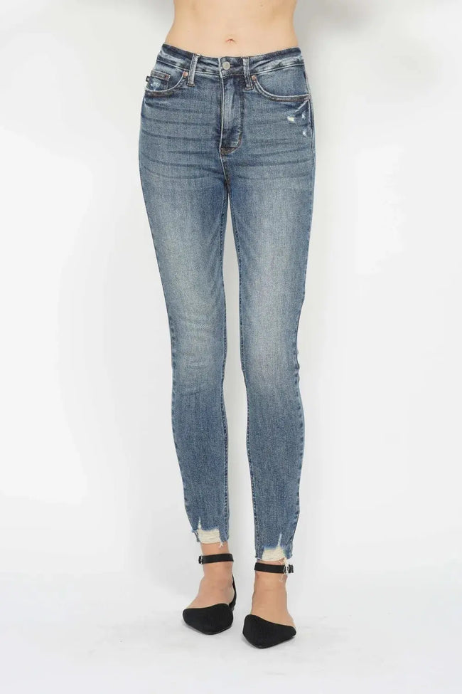 Judy Blue Full Size Tummy Control Vintage Wash Hem Destroy Skinny Jeans  Style Ratio