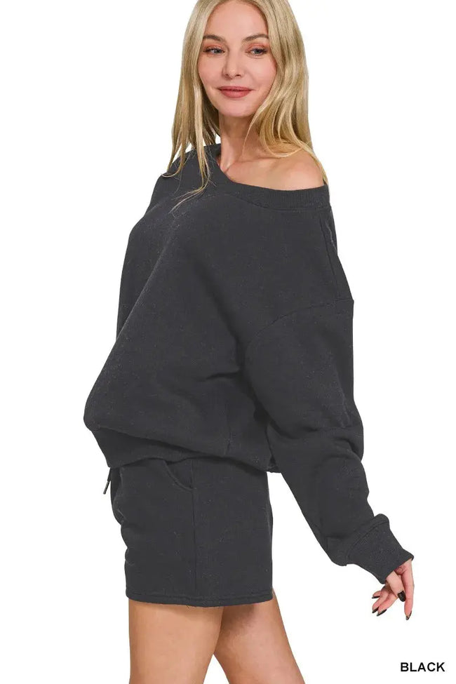 Zenana Fleece Boat Neck Sweatshirt and Shorts Set  Style Ratio