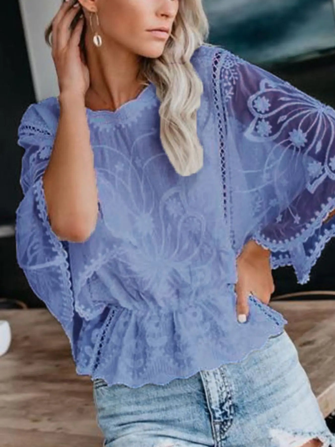 Lace Sheer Sleeve Blouse  Style Ratio