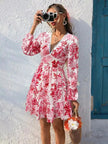 Full Size Floral Print V-Neck Long Sleeve Ruffle Hem Mini Dress  Style Ratio