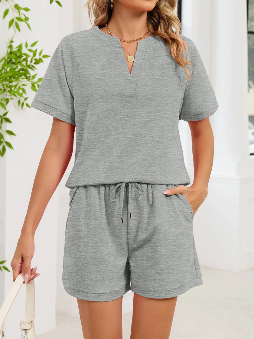 Notched Short Sleeve Top and Shorts Set  Style Ratio