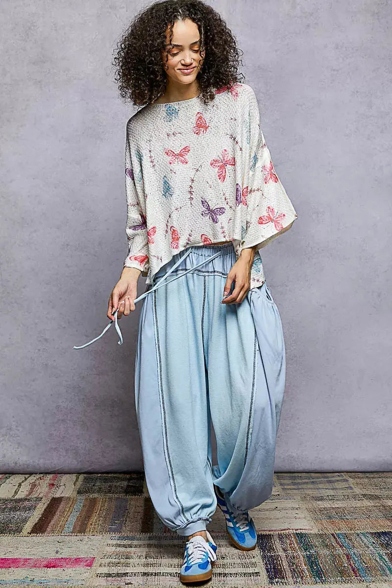 POL Butterflies Pattern Round Neck knit Top with Outseam Rolling Edge  Style Ratio