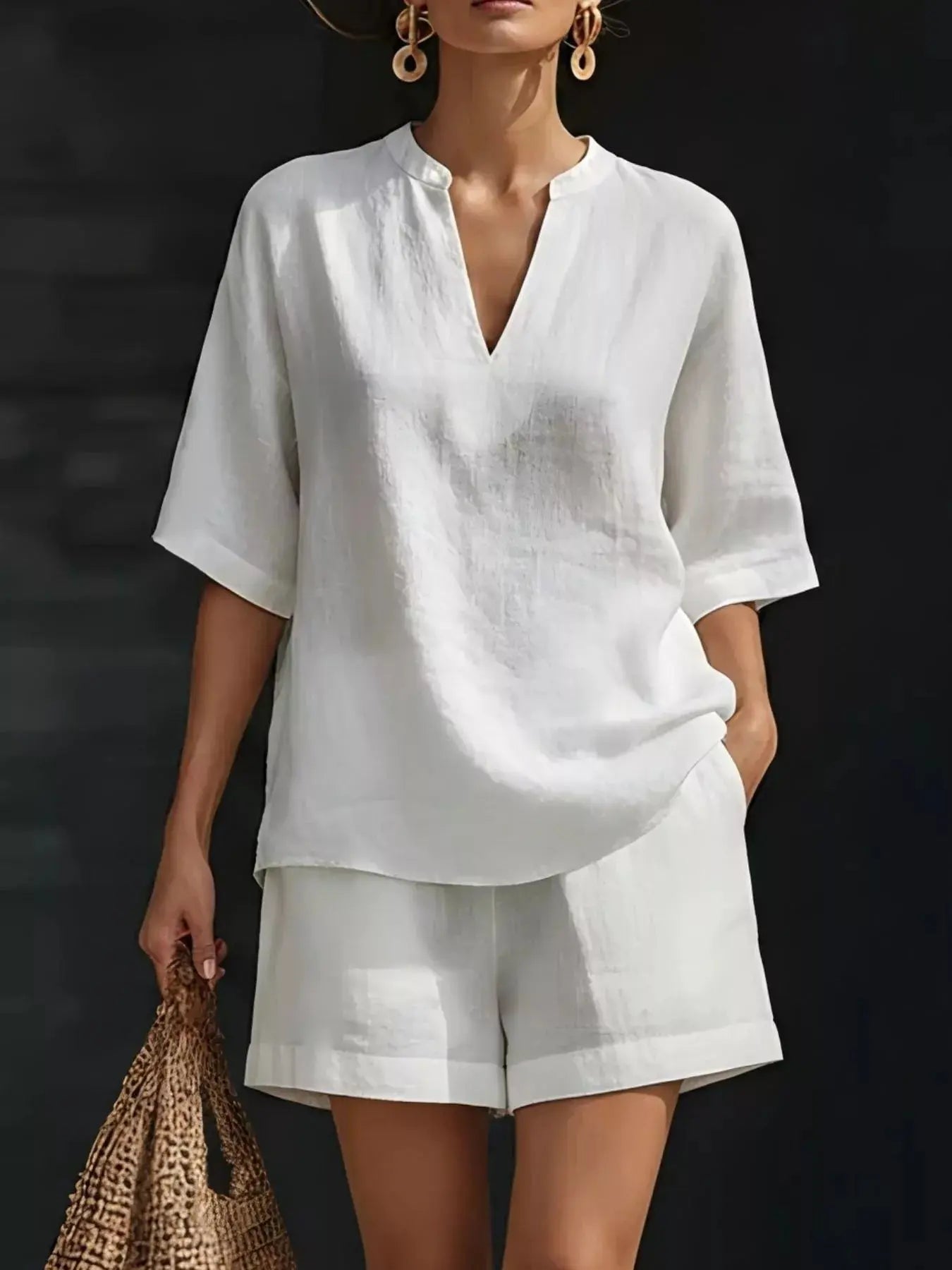 Full Size Notched Half Sleeve Top and Shorts Set  Style Ratio