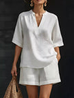 Full Size Notched Half Sleeve Top and Shorts Set  Style Ratio