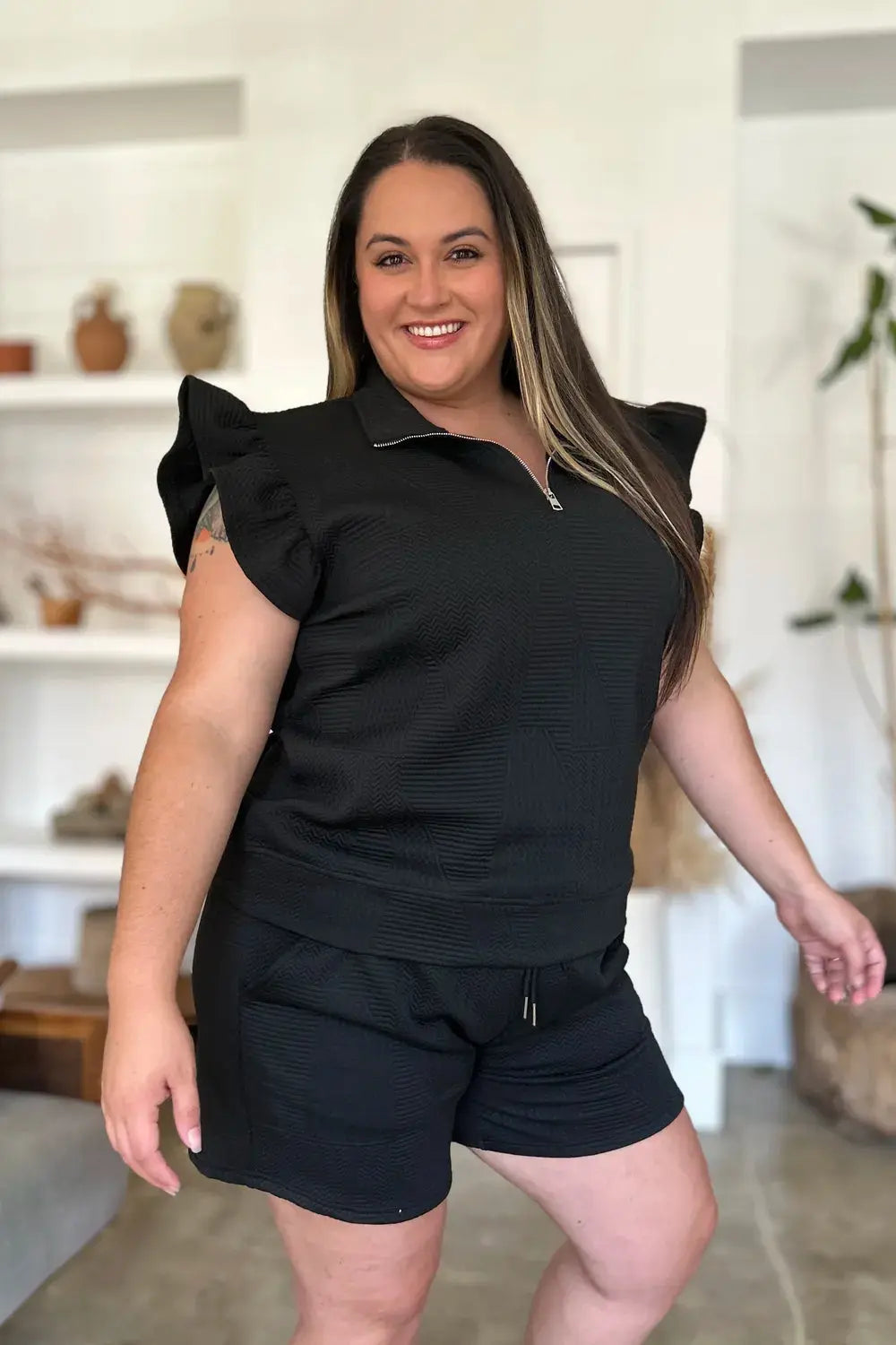Double Take Full Size Texture Flounce Sleeve Top and Shorts Set  Style Ratio