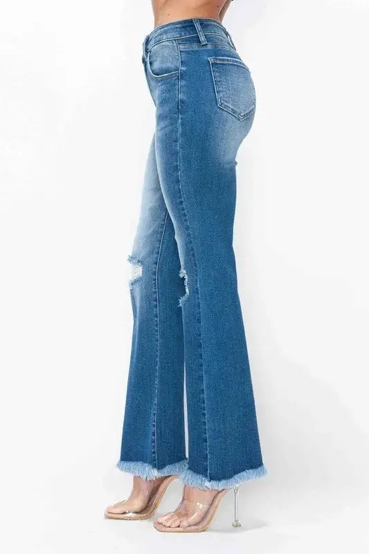 bytos Full Size Raw Hem Distressed High Rise Bootcut Jeans  Style Ratio