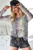 BiBi Snakeskin Print Low Gauge Hacci V Neck Long Sleeve Top  Style Ratio