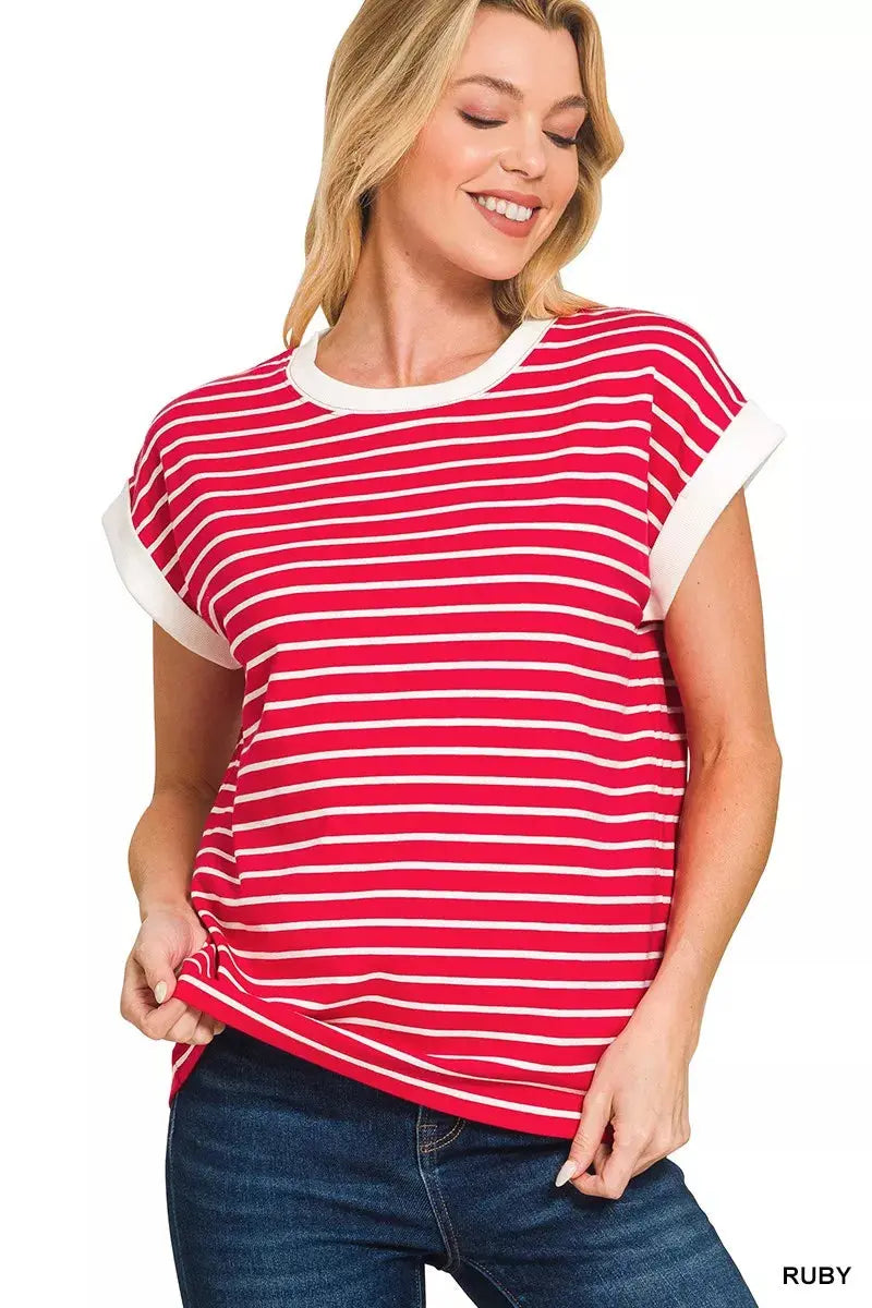 Zenana Full Size Contrast Trim Cap Sleeve Stripe Sweater  Style Ratio