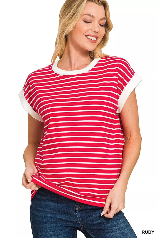 Zenana Full Size Contrast Trim Cap Sleeve Stripe Sweater  Style Ratio
