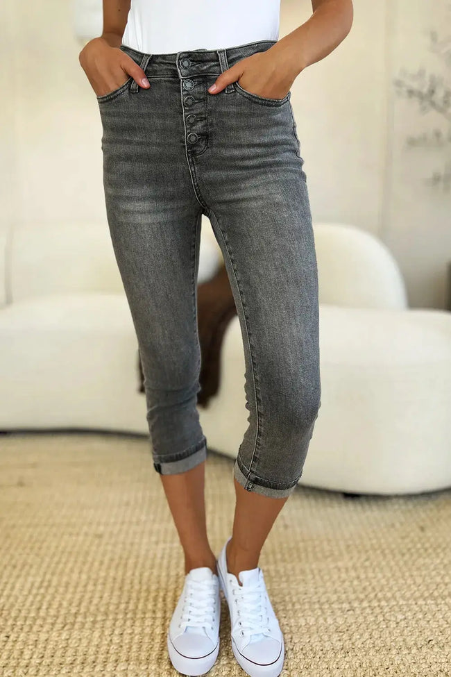 Judy Blue Full Size Button Fly High Waist Cuffed Capris  Style Ratio