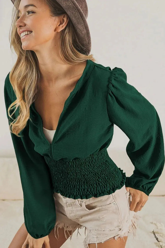 BiBi Smocking Waist Band and Puff Sleeves Deep V Neck Blouse  Style Ratio