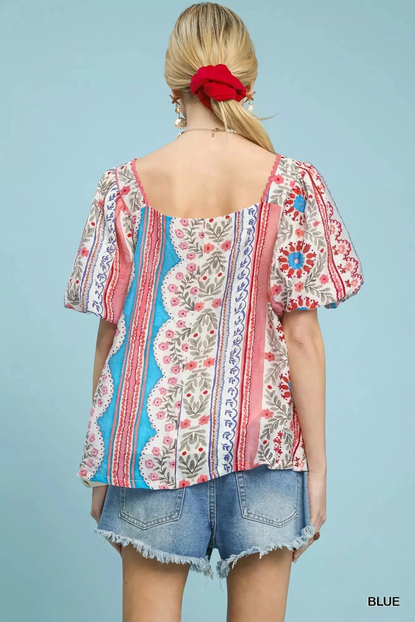 Umgee Patchwork Puff Sleeve Smocked Blouse  Style Ratio